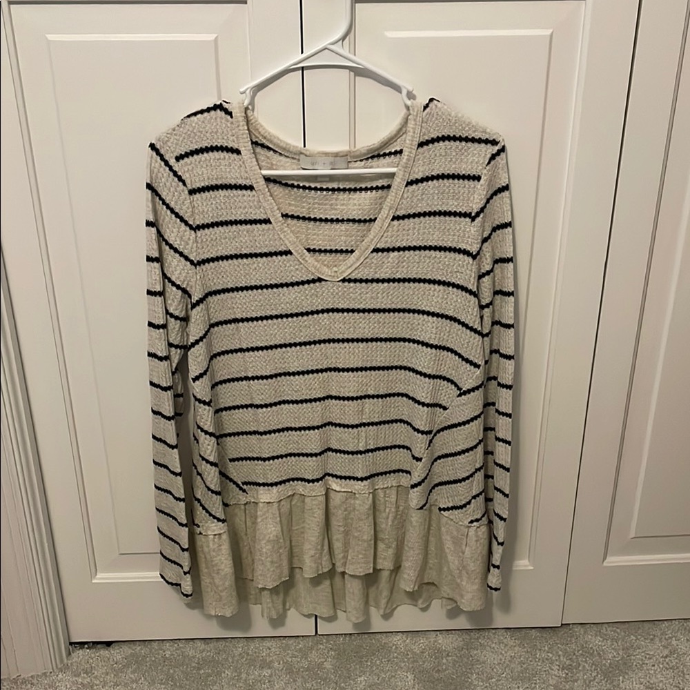 Striped V-Neck Ruffle Hem Top